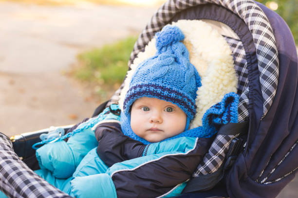 istock A small child in a hat and scarf sitting in a stroller 1057851086