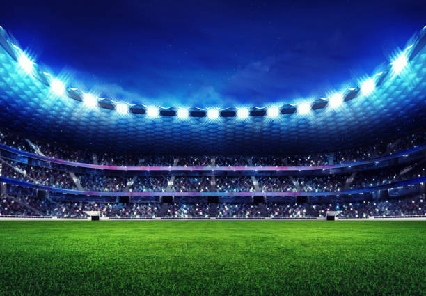 estadio de fútbol moderno con fans en las gradas - playing field flash fotografías e imágenes de stock
