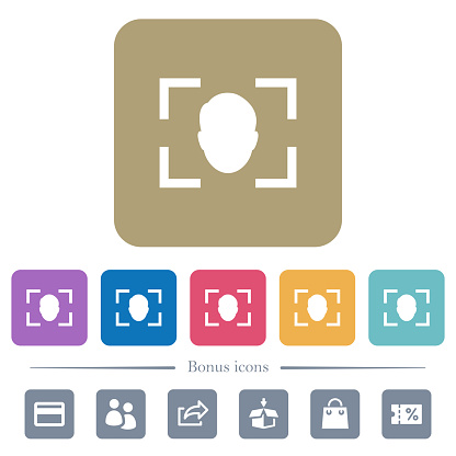 Camera selfie mode white flat icons on color rounded square backgrounds. 6 bonus icons included