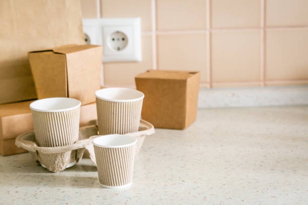 istock Food and drink craft packaging set on kitchen background 1057853820