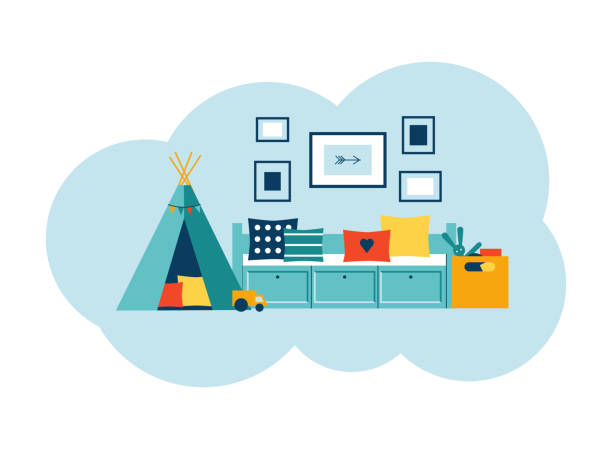 das innere des kinderzimmer in modernem stil - tipi bett stock-grafiken, -clipart, -cartoons und -symbole