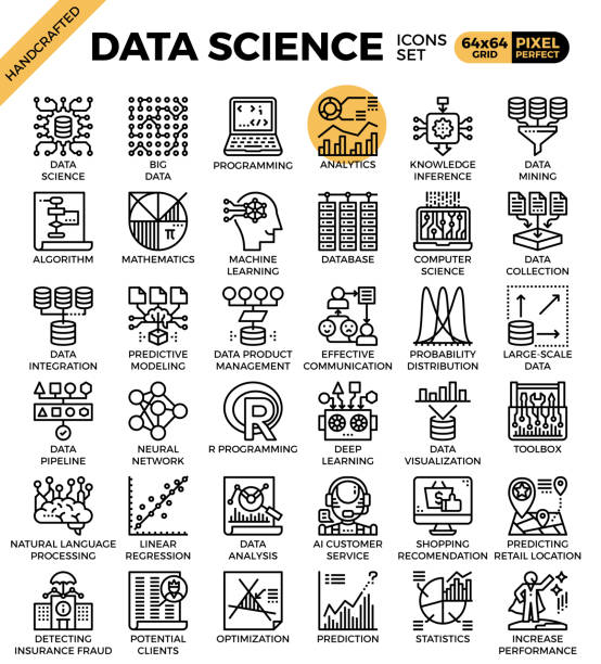 Data Science Icons Data Science concept detailed line icons set in modern line icon style for ui, ux, web, app design increase stat stock illustrations