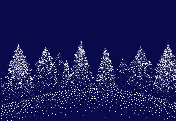 Winter background landscape with fir trees and pines in snow. Coniferous forest, night, sky, stars. Christmas Decoration. Vector illustration