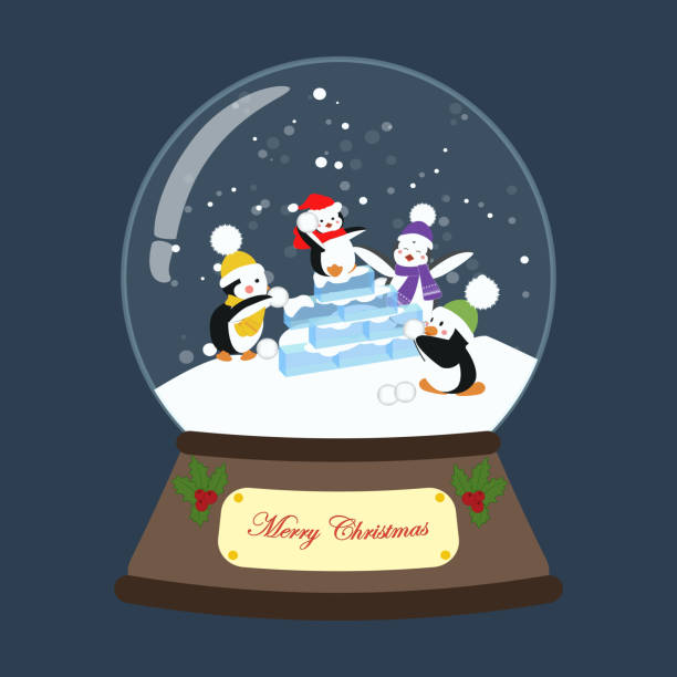 Christmas snow globe with penguin vector illustration Christmas snow globe with penguin on the blue background. Vector illustration penguins fighting stock illustrations