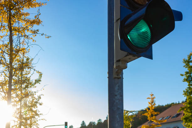 istock green trafficlight at fall sunset blue sky 1057858026