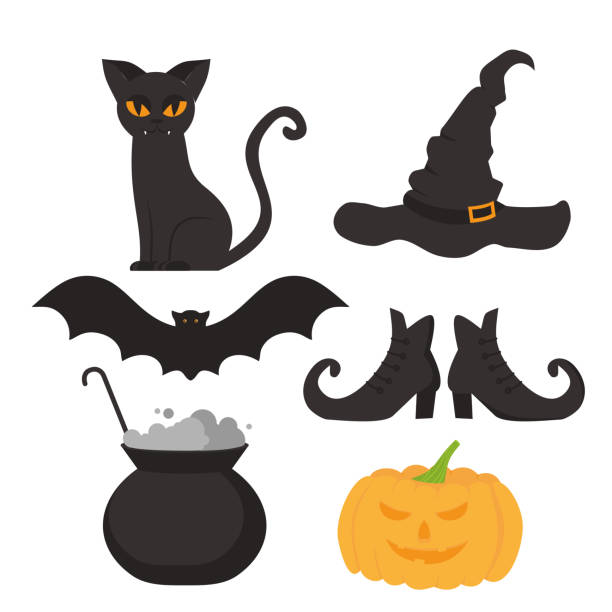 ilustrações de stock, clip art, desenhos animados e ícones de halloween flat elements greeting card. scary cat, hat, witch pot, broom, bat and shoes silhouette. pumpkin jack lantern - witch halloween cauldron bat