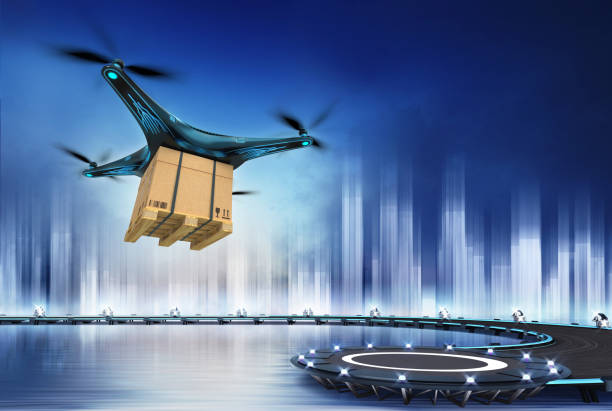 istock Drone with paper box at flight over heliport 1057860804