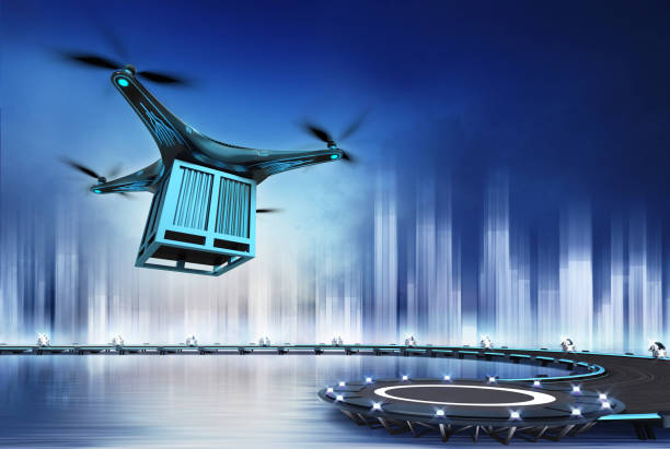 istock Drone with metal container at flight over heliport 1057861918