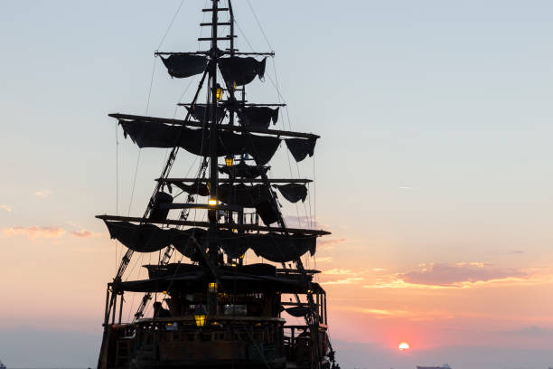 Ship sails seen on sunset in Thessaloniki harbour.