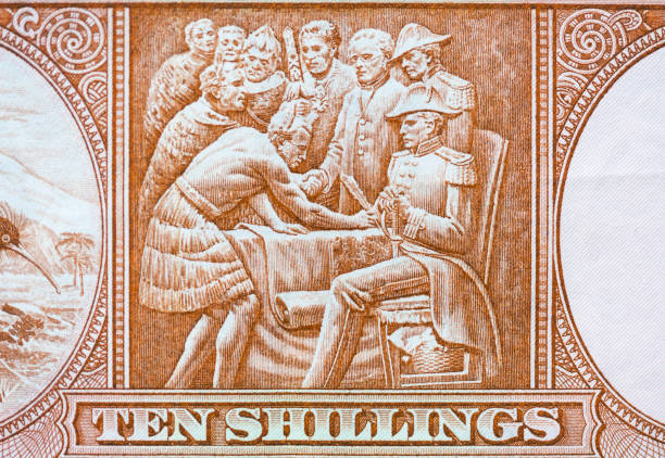 Old New Zealand Ten Shilling Note The Treaty of Waitangi on an old New Zealand ten shilling note. treaty stock pictures, royalty-free photos & images