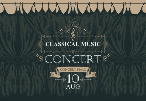 ilustrações de stock, clip art, desenhos animados e ícones de classical music poster with black stage curtains - playbill