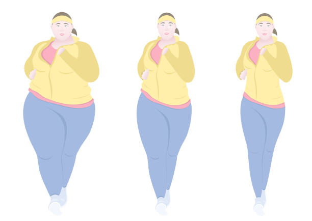 ilustrações de stock, clip art, desenhos animados e ícones de pretty fat woman fitness stages weight loss, flat drawing, colorful vector illustration - slenderize