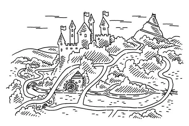 Vector illustration of Castle Map Hiking Plan Drawing
