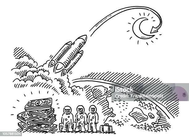 Expensive Travel To The Moon Drawing Stock Illustration - Download Image Now - Moon, Line Art, Astronaut