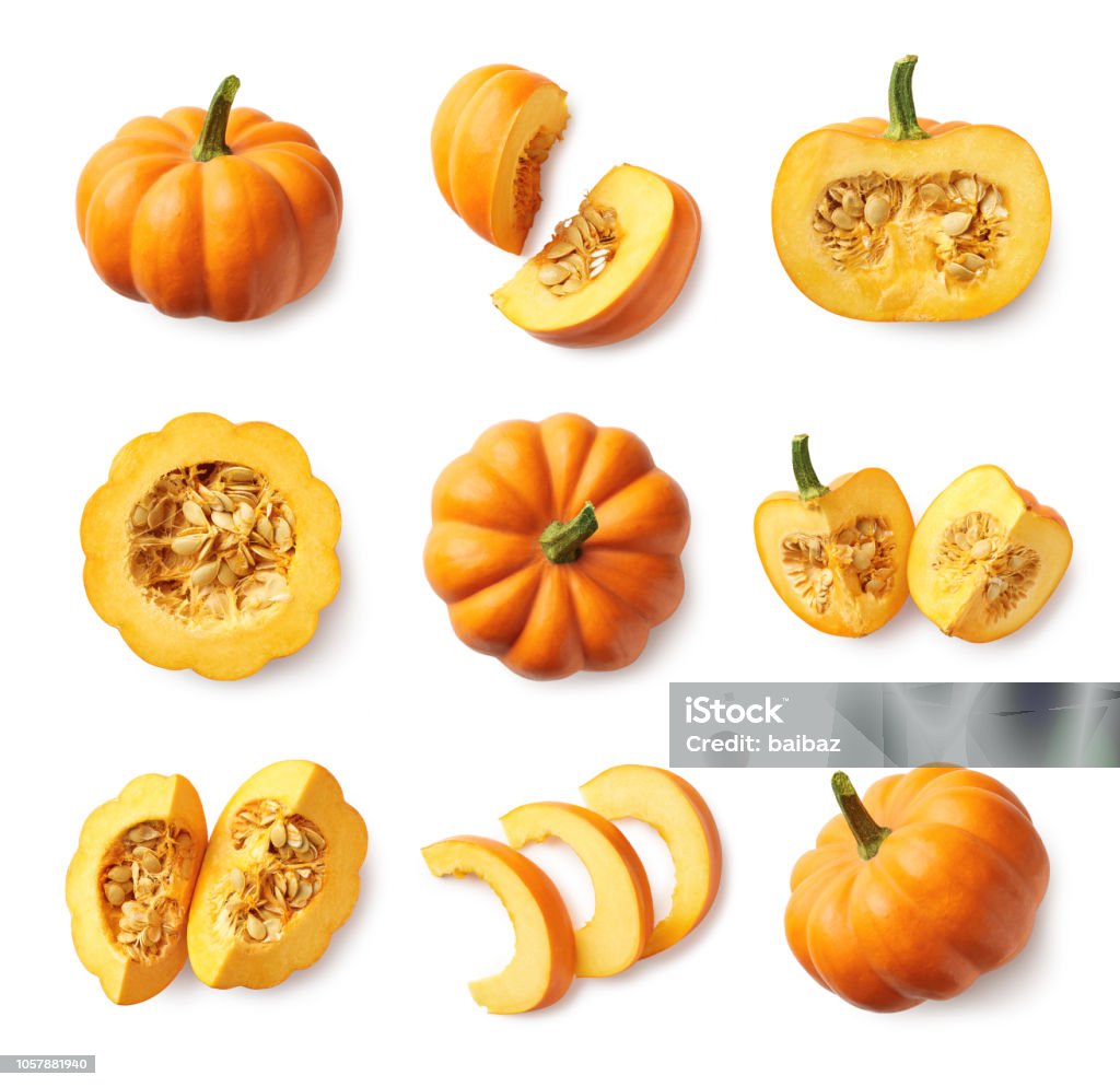 Set of fresh whole and sliced pumpkin Set of fresh whole and sliced pumpkin isolated on white background. Top view Pumpkin Stock Photo