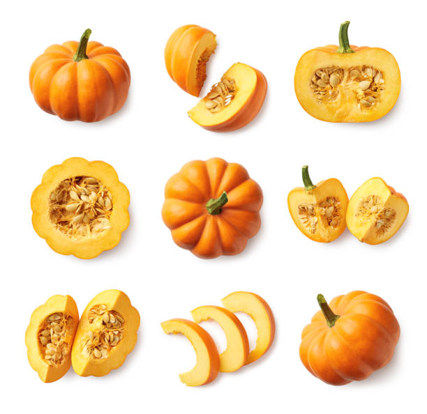 Set of fresh whole and sliced pumpkin Set of fresh whole and sliced pumpkin isolated on white background. Top view halved photos stock pictures, royalty-free photos & images