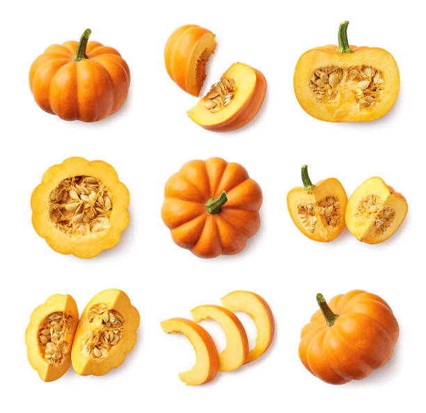 Set of fresh whole and sliced pumpkin Set of fresh whole and sliced pumpkin isolated on white background. Top view calabasas stock pictures, royalty-free photos & images