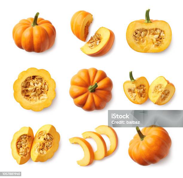Set Of Fresh Whole And Sliced Pumpkin Stock Photo - Download Image Now - Pumpkin, Cut Out, Slice of Food