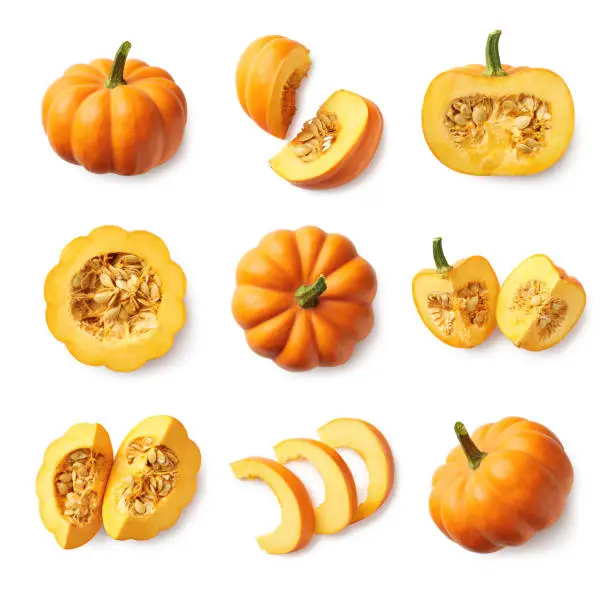 Photo of Set of fresh whole and sliced pumpkin