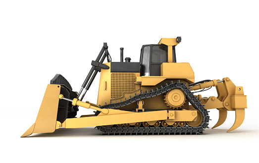 Massive powerful yellow hydraulic bulldozer isolated on white background mooving from right to left. 3D illustration. Side view.