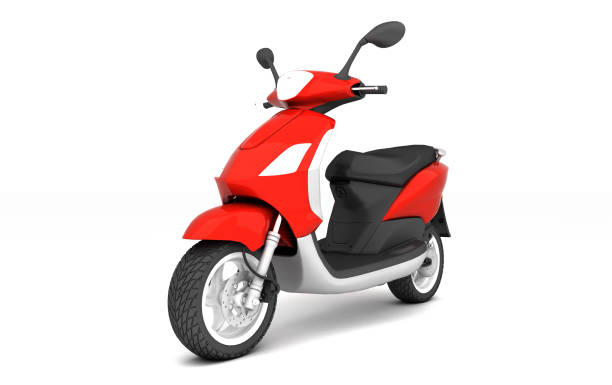 3D Rendering of red modern motor scooter isolated on white background. Front side view of red moped. Perspective. Left side view.
