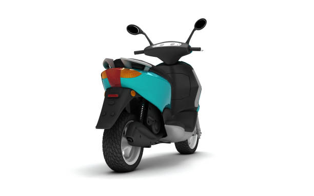 istock 3D Rendering of turquoise modern motor scooter isolated on white background. Rear side view of turquoise moped. Perspective. Right side view. 1057892988