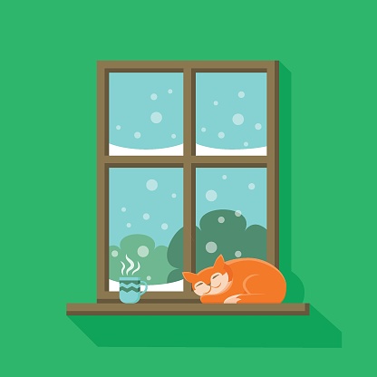 Wooden window with snowy landscape view. Red cat is sleeping and a cup of hot coffee or tea is standing on the windowsill. Vector illustration in flat cartoon style. Cosy sweet home interior.