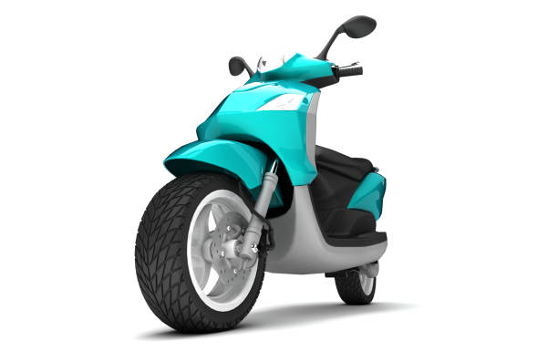 istock 3D Rendering of turquoise modern motor scooter isolated on white background. Front side view of turquoise moped. Perspective. Left side view. 1057893118