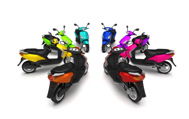 istock 3D Render. Group of modern multicolored motor scooters stands like circle sign front to center. Isolated on white background. Perspective. 1057894526