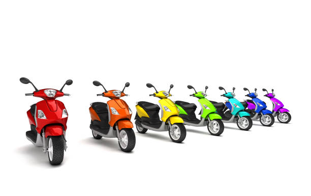 istock 3D Render. Row of group modern multicolored motor scooters isolated on white background. Perspective. wide angle. 1057894728