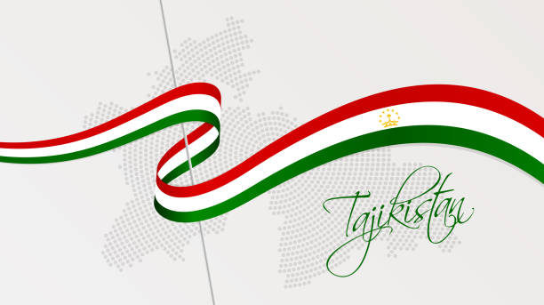 illustrazioni stock, clip art, cartoni animati e icone di tendenza di bandiera nazionale ondulata e mappa a mezzitoni punteggiati radiali del tagikistan - tagikistan