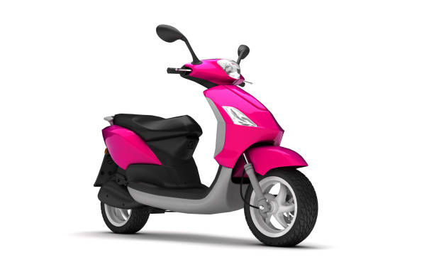 istock 3D Rendering of pink modern motor scooter isolated on white background. Right side view of purple moped. Perspective 1057895656