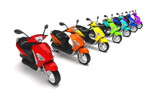 istock 3D Rendering of group multicolored modern motor scooters in row isolated on white background. Perspective. High angle view 1057895782