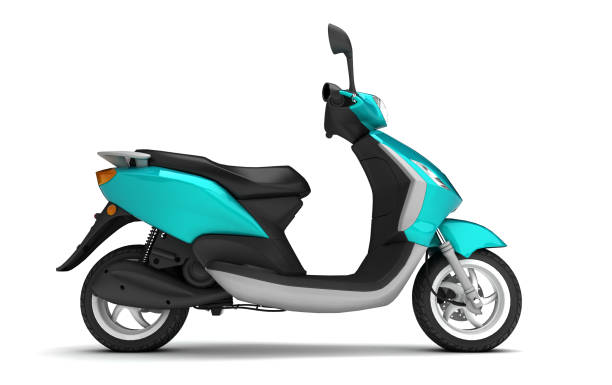 istock 3D Rendering of turquoise modern motor scooter isolated on white background. Right side view of turquoise moped. 1057895784