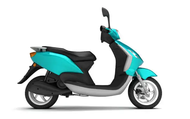 3D Rendering of turquoise modern motor scooter isolated on white background. Right side view of turquoise moped.