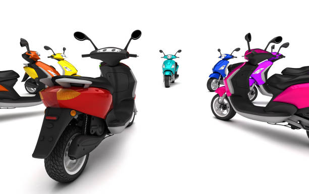 istock 3D Render. Group of modern multicolored motor scooters stands like circle sign front to center. Isolated on white background. Perspective. Wide angle 1057895878