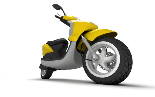 istock 3D Rendering of yellow modern motor scooter isolated on white background. Bottom view of yellow moped. Perspective. Right side view. 1057896108