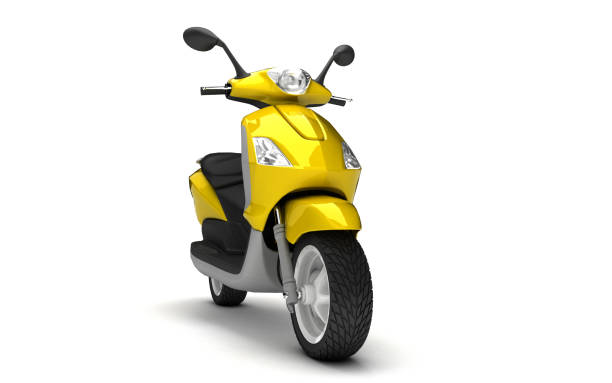 istock 3D Rendering of yellow modern motor scooter isolated on white background. Front side view of yellow moped. Perspective 1057896278