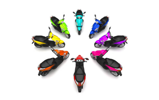 3D Render. Group of modern multicolored motor scooters stands like circle sign front to center. Isolated on white background. Top view.
