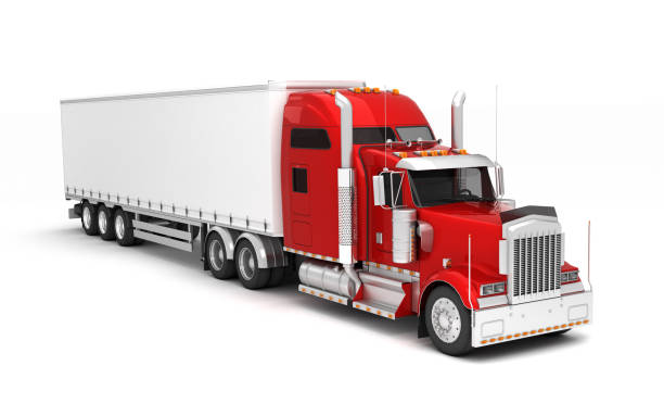 istock Logistics concept. American red Freightliner cargo truck with container moving left to right isolated on white background. Perspective. front side view. High angle view. 3D illustration 1057899066