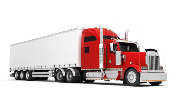 istock Logistics concept. American red Freightliner cargo truck with container moving left to right isolated on white background. Perspective. front side view. 3D illustration 1057901590