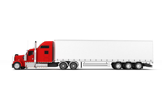 Logistics concept. American red Freightliner cargo truck with container moving from right to left isolated on white background. Left side view. 3D illustration