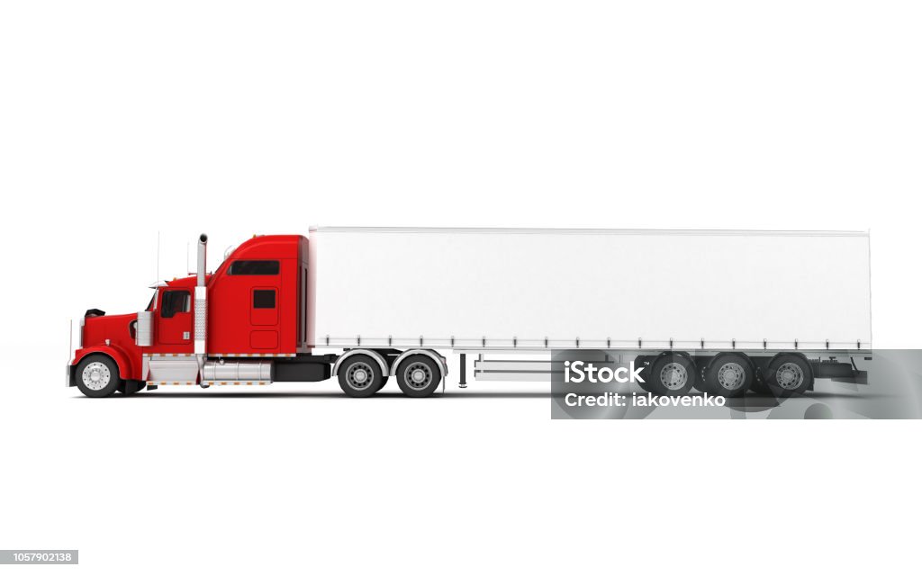 Logistics concept. American red Freightliner cargo truck with container moving from right to left isolated on white background. Left side view. 3D illustration Semi-Truck Stock Photo