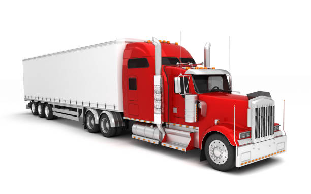 istock Logistics concept. American red Freightliner cargo truck with container moving left to right isolated on white background. Perspective. front side view. High angle view. 3D illustration 1057902204