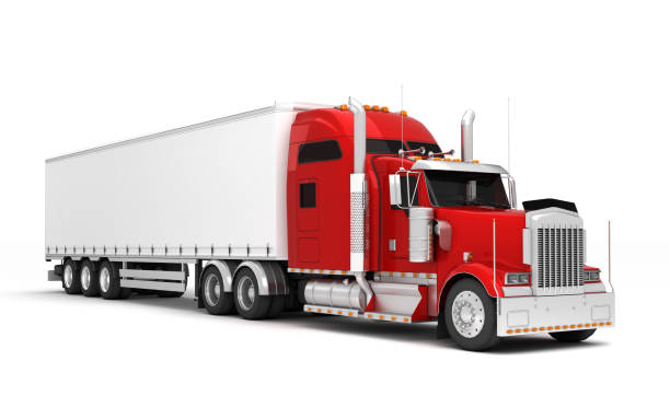 istock Logistics concept. American red Freightliner cargo truck with container moving left to right isolated on white background. Perspective. front side view. 3D illustration 1057902332