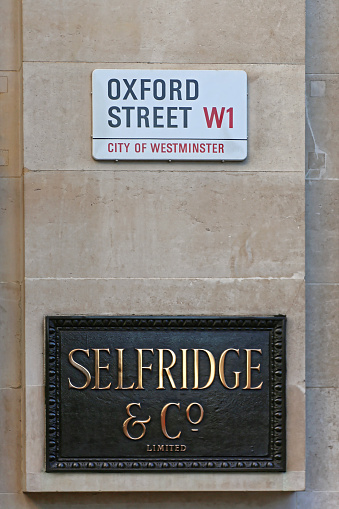 London, United Kingdom - November 21, 2013: Selfridge Luxury Department Store Plaque Sign at Oxford Street in London, UK.