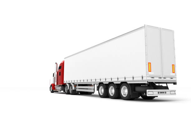 istock Logistics concept. American red Freightliner cargo truck with container moving right to left isolated on white background. Perspective. Rear side view. 3D illustration 1057902452