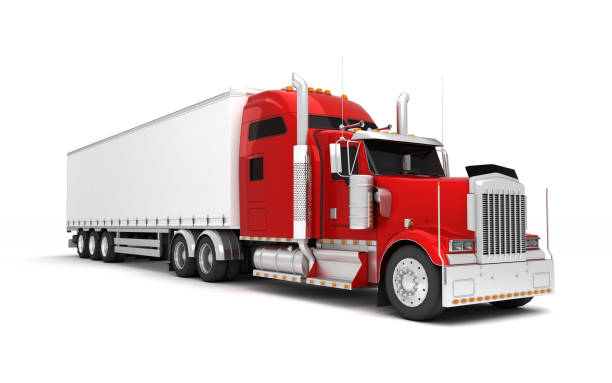 istock Logistics concept. American red Freightliner cargo truck with container moving left to right isolated on white background. Perspective. front side view. 3D illustration 1057902932