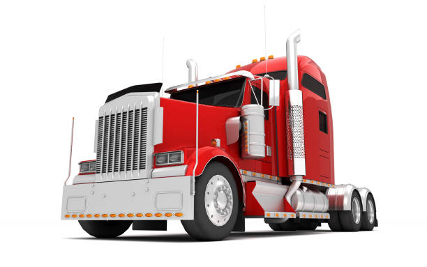 Logistics concept. American red Freightliner cargo truck without a container moving from right to left isolated on white background. Front bottom view. Perspective. 3D illustration