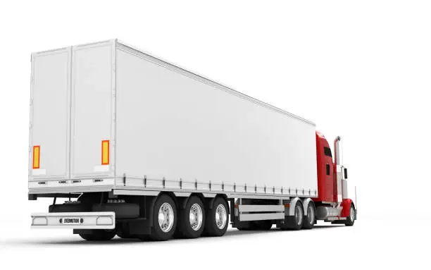 Photo of Logistics concept. American red Freightliner cargo truck with container moving left to right isolated on white background. Perspective. Rear side view. 3D illustration